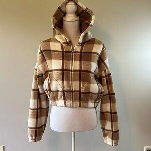 Hollister fleece hoodie w pockets, XS, brown plaid.